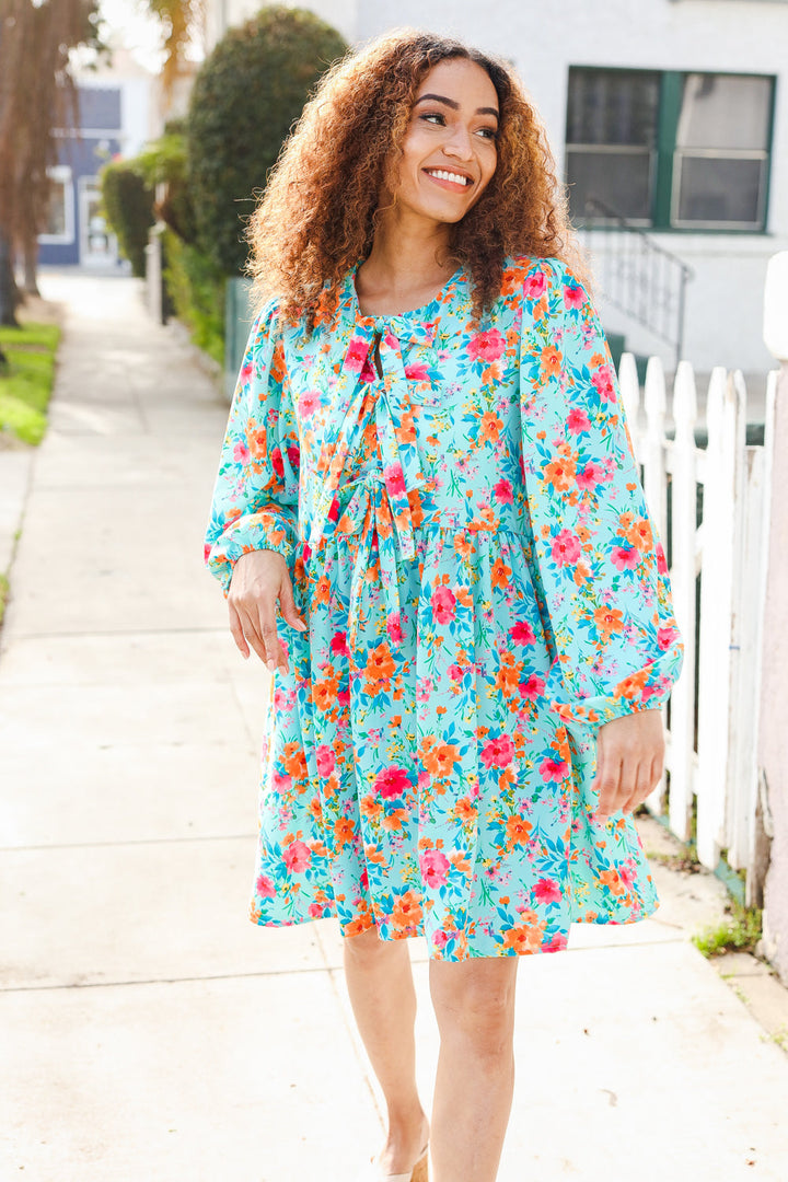 Feeling Femme Aqua Floral Ribbon Bow Tie Babydoll Dress | Nikki &amp; Co. Boutique