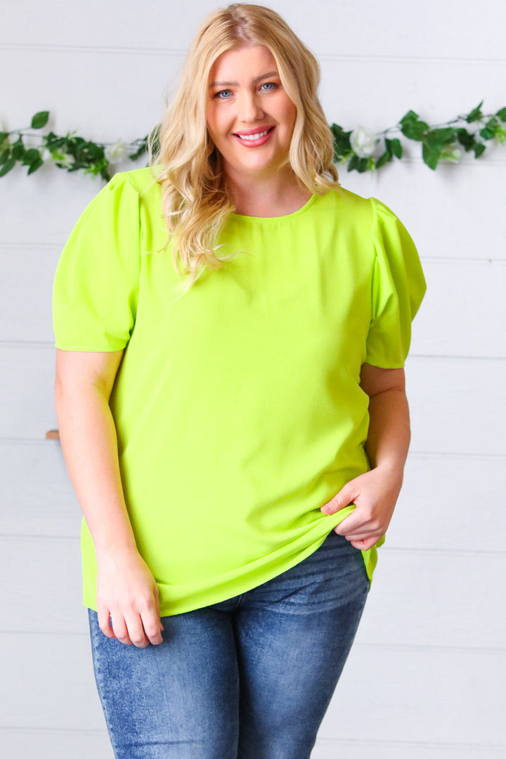 Neon Green Round Neck Puff Sleeve Crepe Tops | Nikki &amp; Co. Boutique