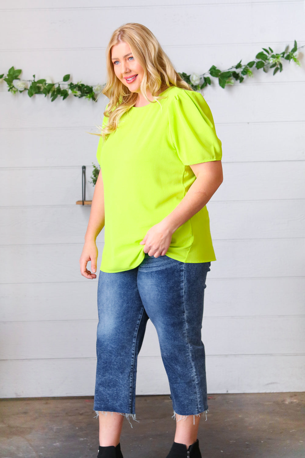Neon Green Round Neck Puff Sleeve Crepe Tops | Nikki &amp; Co. Boutique