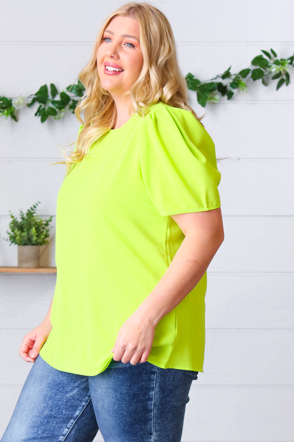 Neon Green Round Neck Puff Sleeve Crepe Tops | Nikki &amp; Co. Boutique