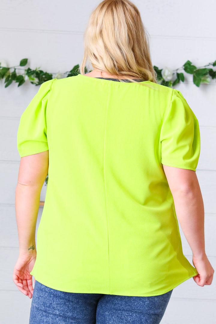 Neon Green Round Neck Puff Sleeve Crepe Tops | Nikki &amp; Co. Boutique