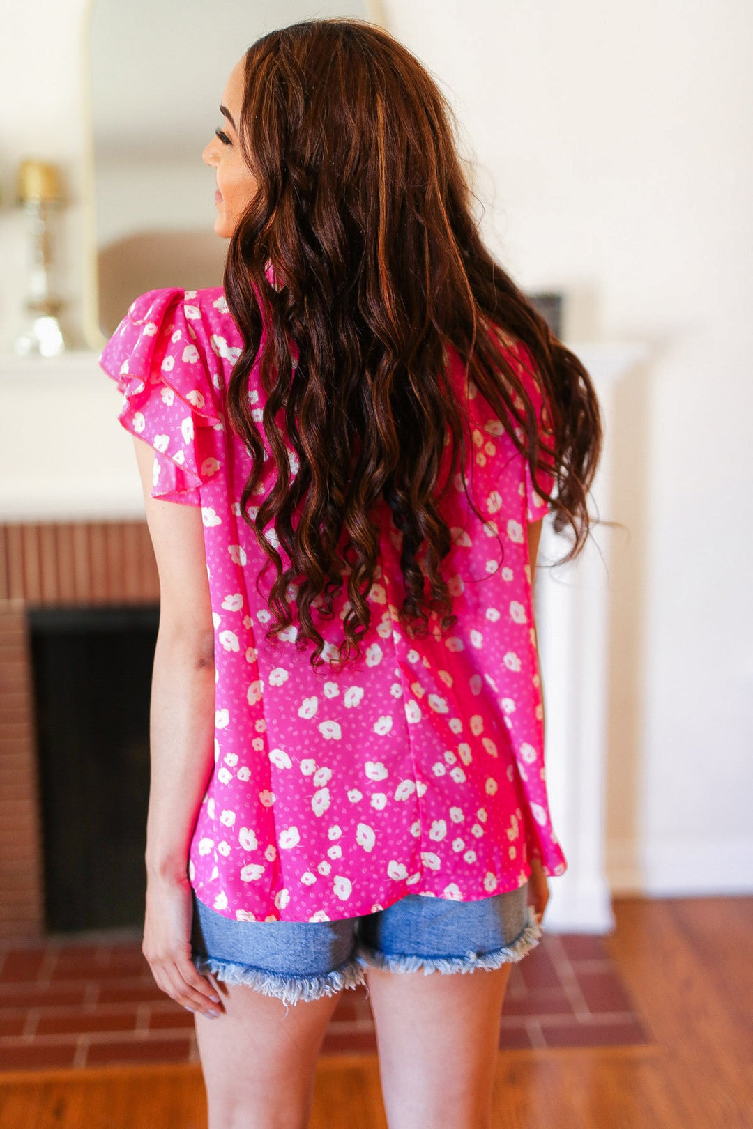 Hot Pink Floral Mock Neck Double Flutter Sleeve Tops | Nikki &amp; Co. Boutique