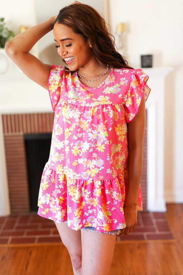 Diva Pink Floral Yoke Flutter Sleeve Keyhole Back Tops | Nikki &amp; Co. Boutique
