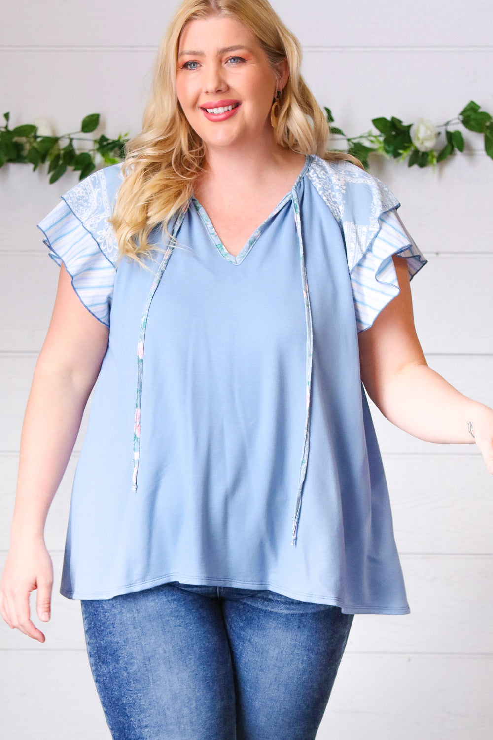 Blue Floral &amp; Stripe V Neck Tie Double Flutter Sleeve Tops | Nikki &amp; Co. Boutique