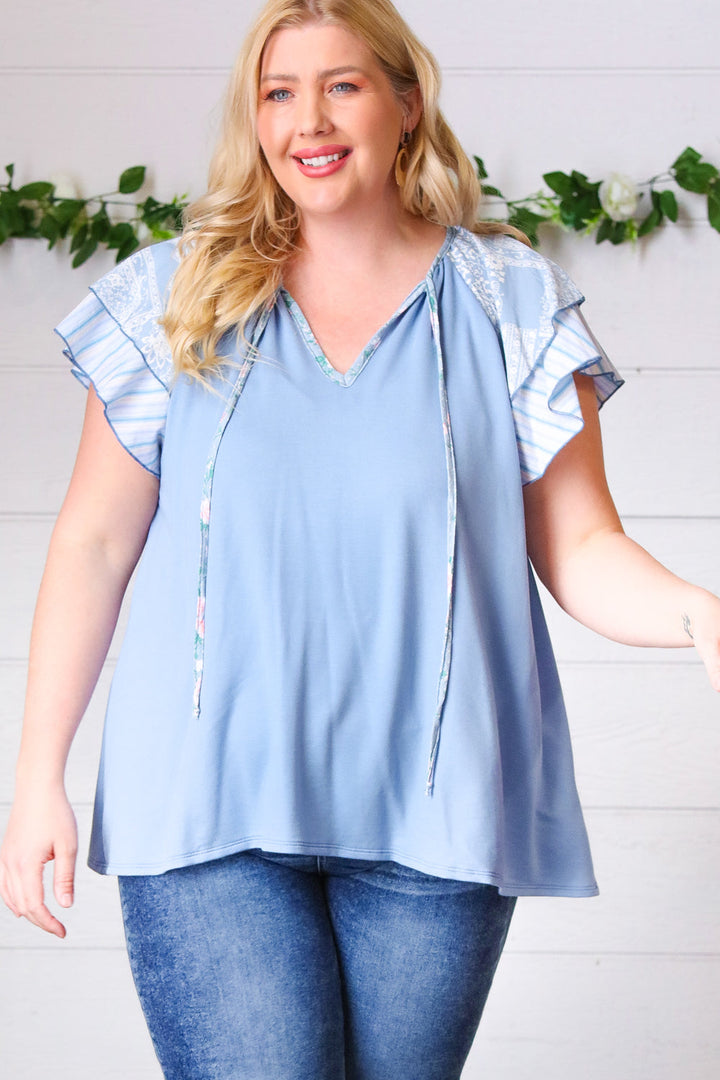 Blue Floral &amp; Stripe V Neck Tie Double Flutter Sleeve Tops | Nikki &amp; Co. Boutique