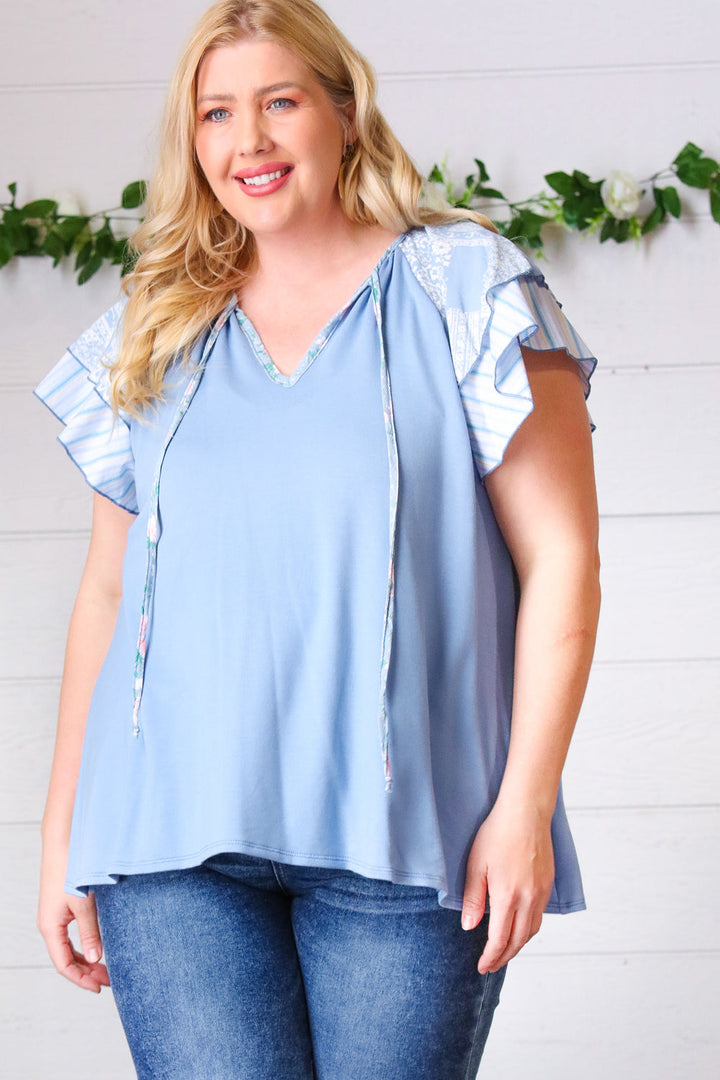 Blue Floral &amp; Stripe V Neck Tie Double Flutter Sleeve Tops | Nikki &amp; Co. Boutique