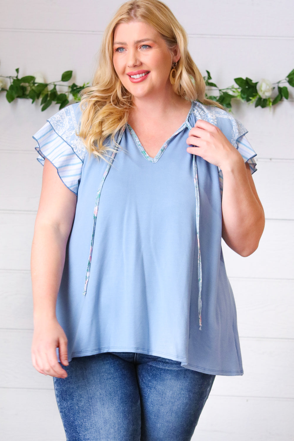 Blue Floral &amp; Stripe V Neck Tie Double Flutter Sleeve Tops | Nikki &amp; Co. Boutique