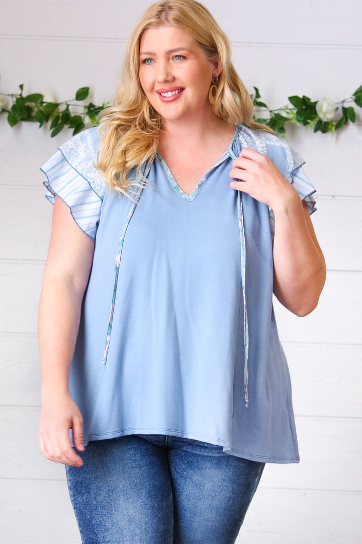 Blue Floral &amp; Stripe V Neck Tie Double Flutter Sleeve Tops | Nikki &amp; Co. Boutique