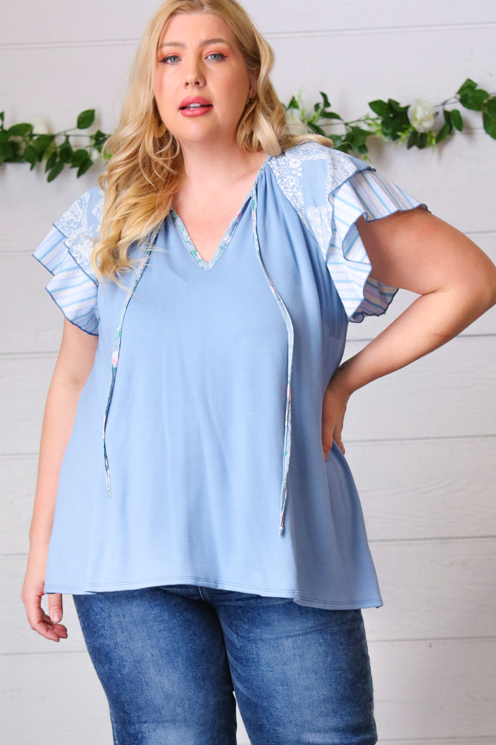Blue Floral &amp; Stripe V Neck Tie Double Flutter Sleeve Tops | Nikki &amp; Co. Boutique