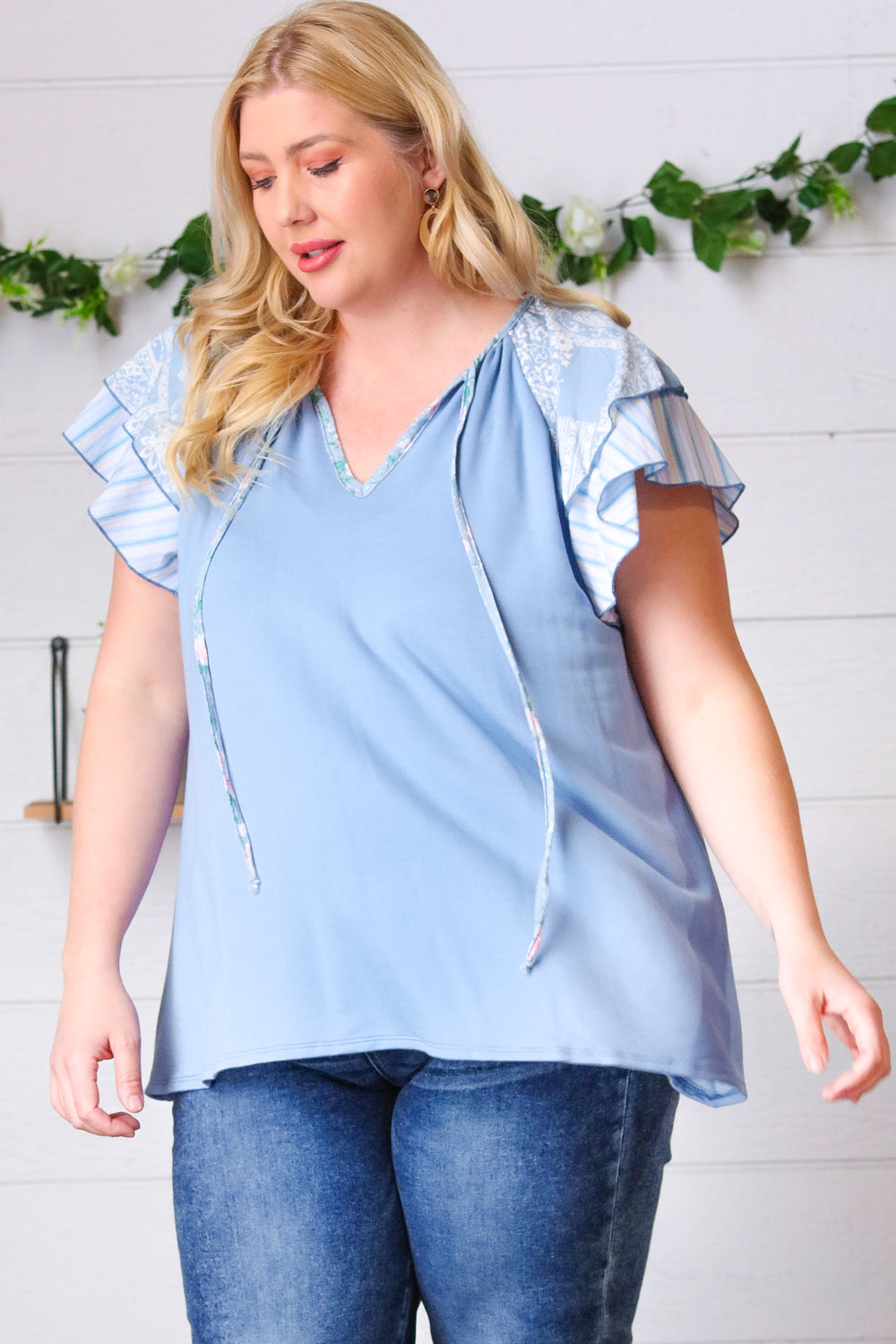 Blue Floral &amp; Stripe V Neck Tie Double Flutter Sleeve Tops | Nikki &amp; Co. Boutique