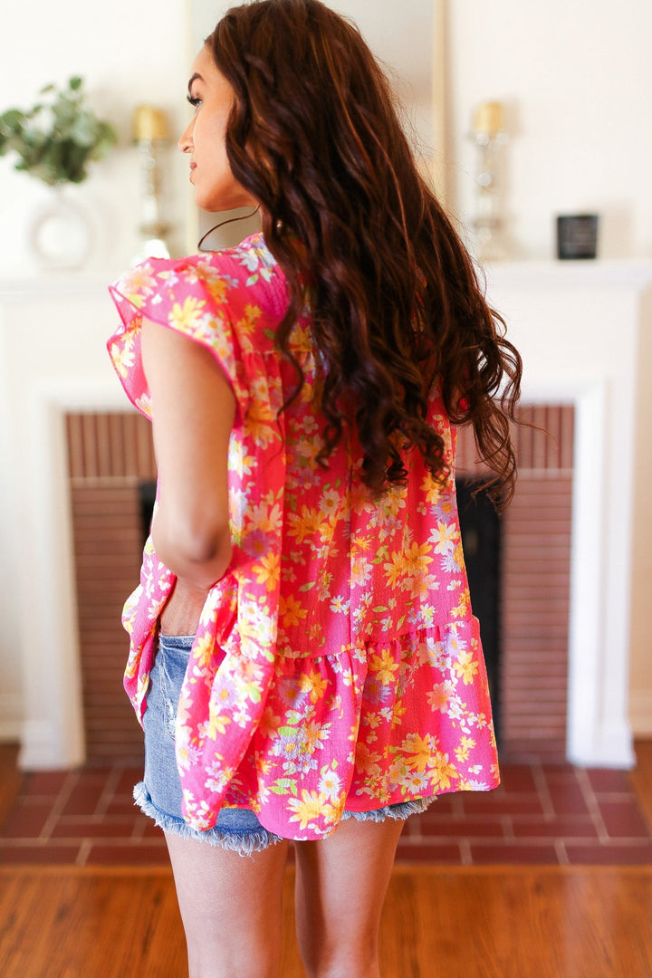Diva Pink Floral Yoke Flutter Sleeve Keyhole Back Tops | Nikki &amp; Co. Boutique
