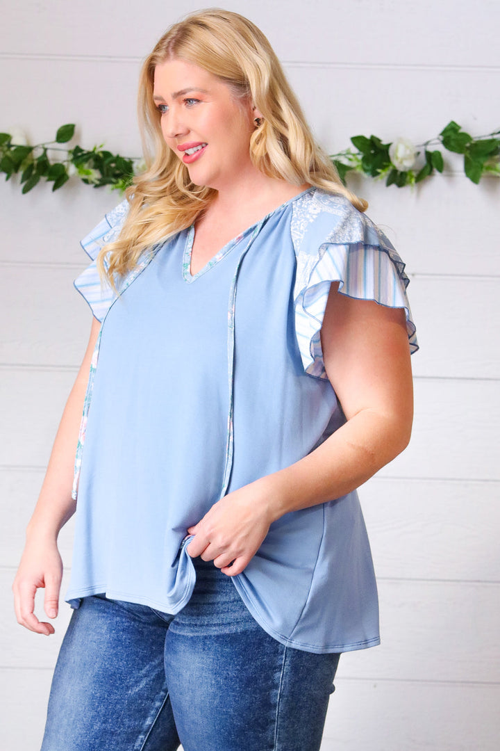 Blue Floral &amp; Stripe V Neck Tie Double Flutter Sleeve Tops | Nikki &amp; Co. Boutique