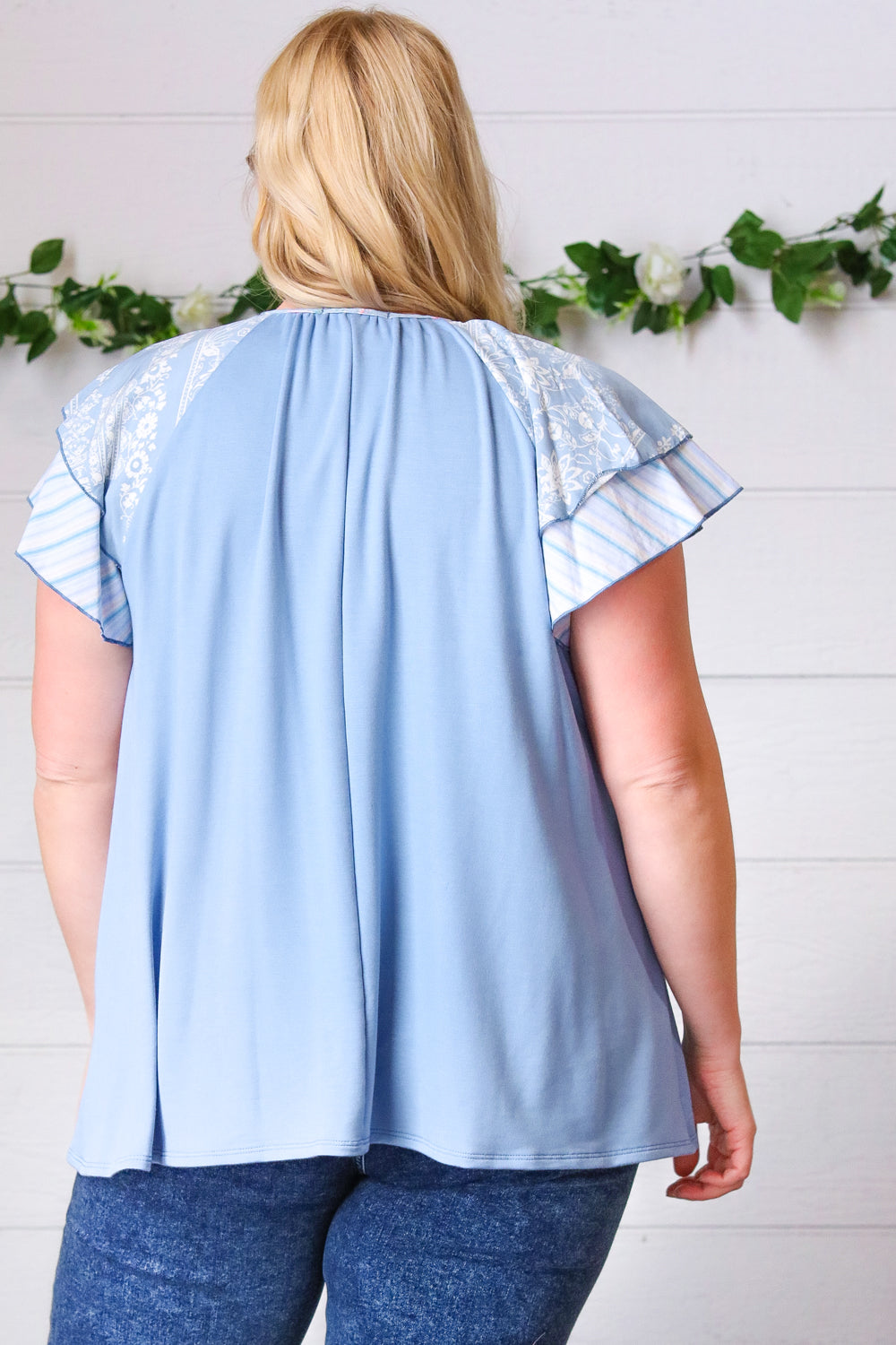 Blue Floral &amp; Stripe V Neck Tie Double Flutter Sleeve Tops | Nikki &amp; Co. Boutique