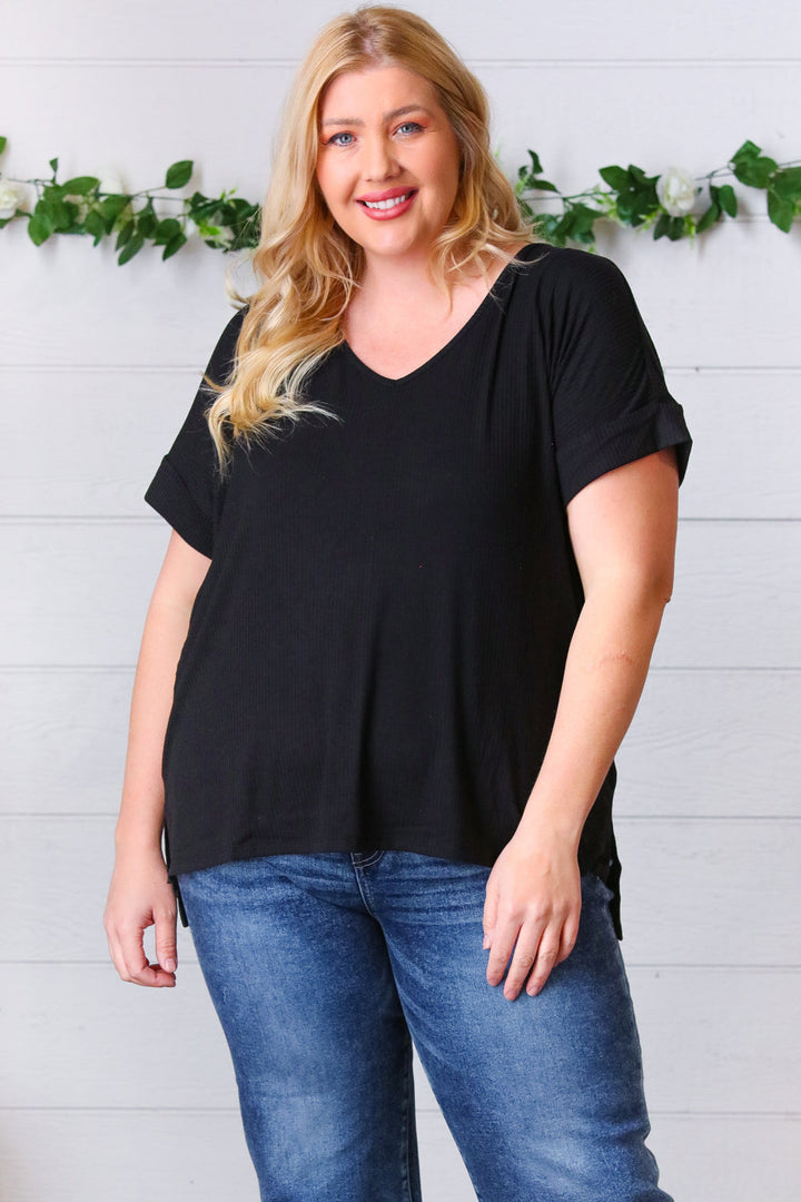 Black Ribbed V Neck Hi-Low Slit Tops | Nikki &amp; Co. Boutique