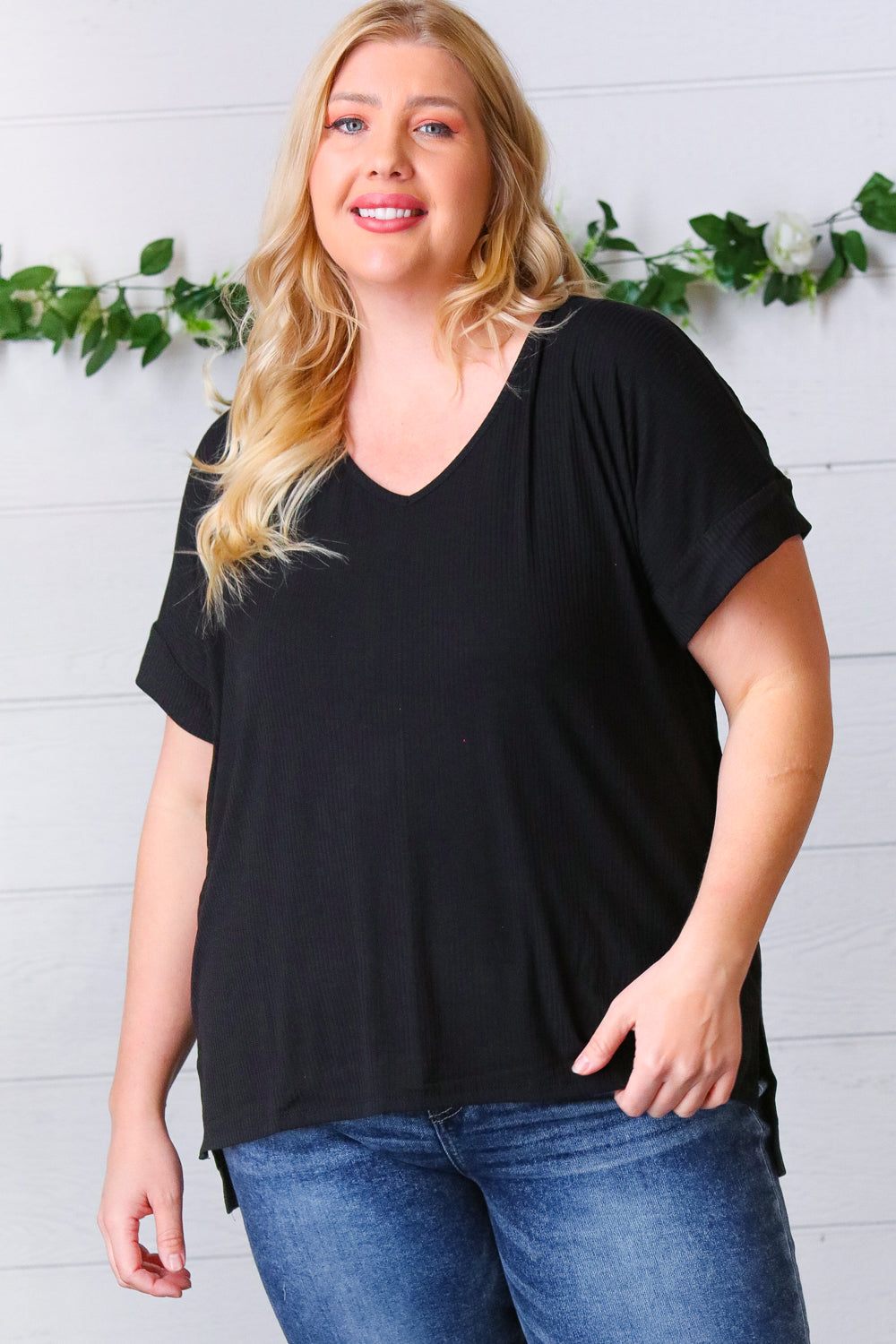 Black Ribbed V Neck Hi-Low Slit Tops | Nikki &amp; Co. Boutique