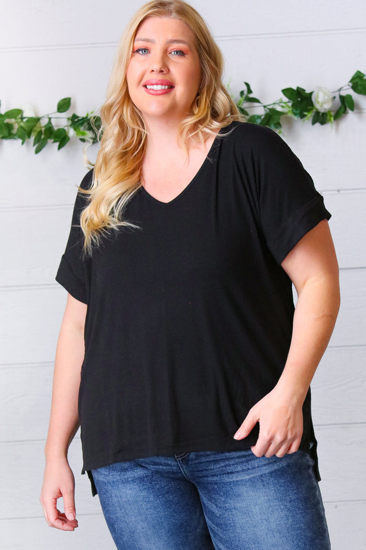 Black Ribbed V Neck Hi-Low Slit Tops | Nikki &amp; Co. Boutique