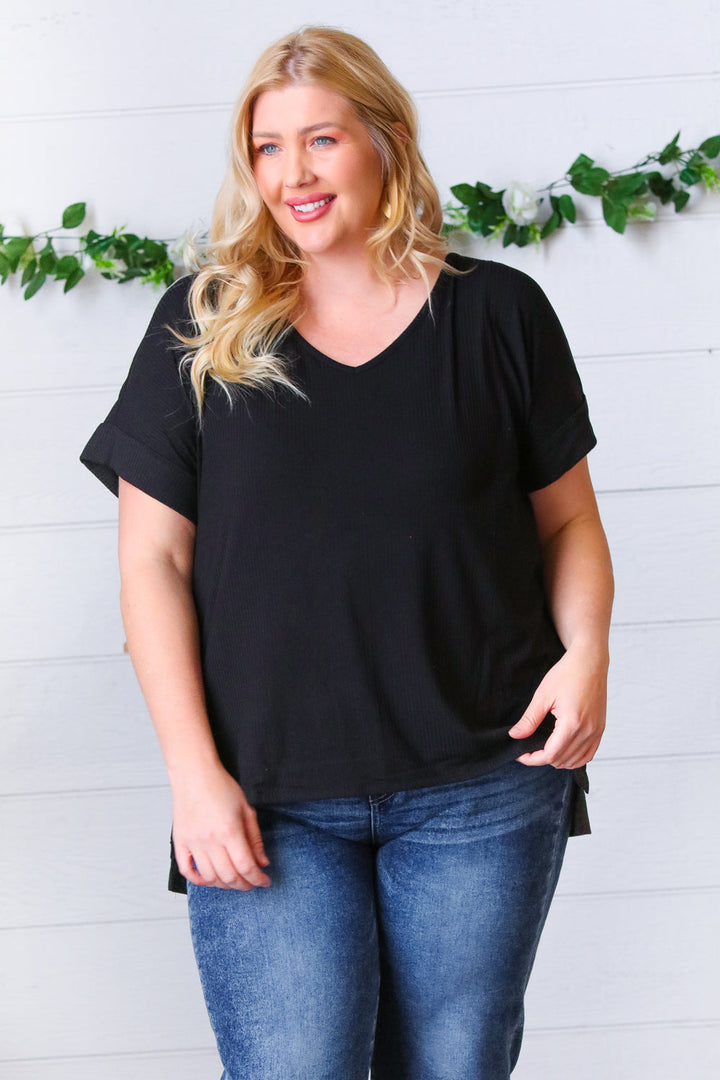 Black Ribbed V Neck Hi-Low Slit Tops | Nikki &amp; Co. Boutique