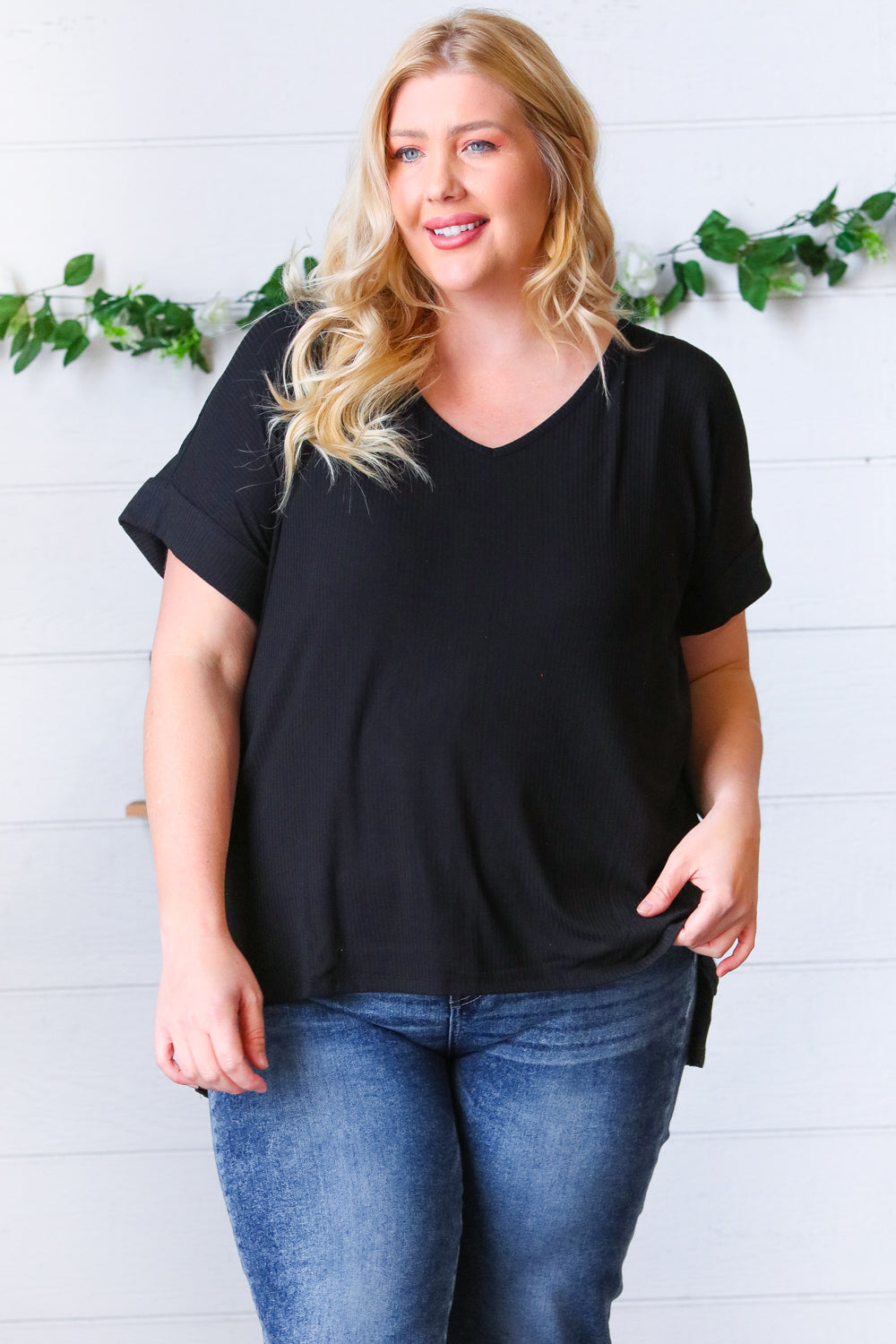 Black Ribbed V Neck Hi-Low Slit Tops | Nikki &amp; Co. Boutique