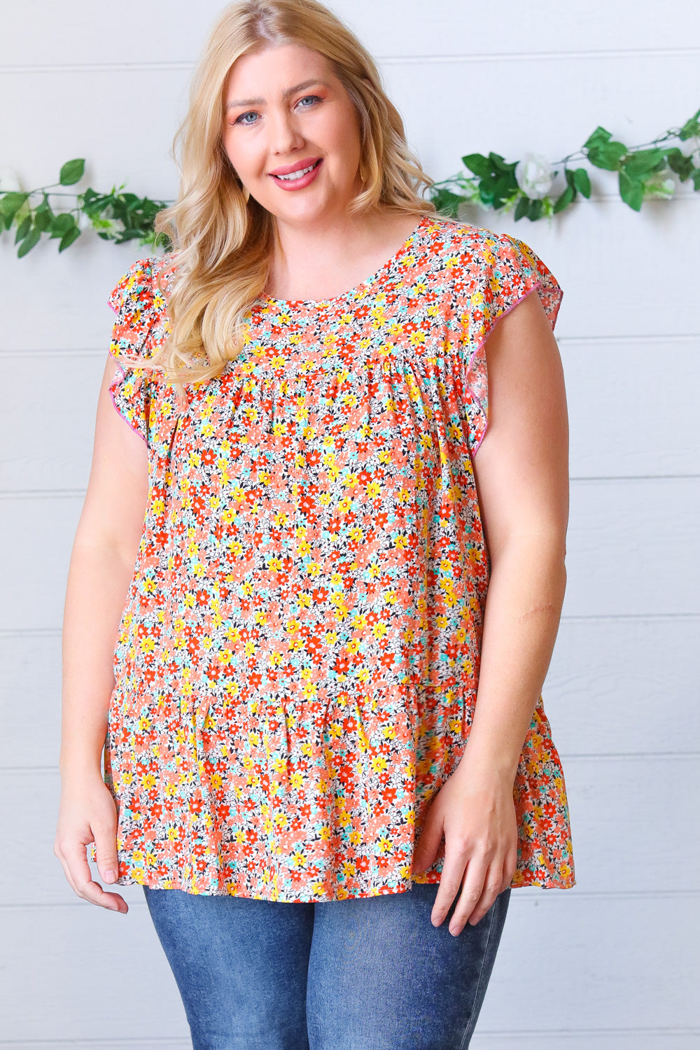 SunSets Floral Print Ruffle Tiered Keyhole Tops | Nikki &amp; Co. Boutique