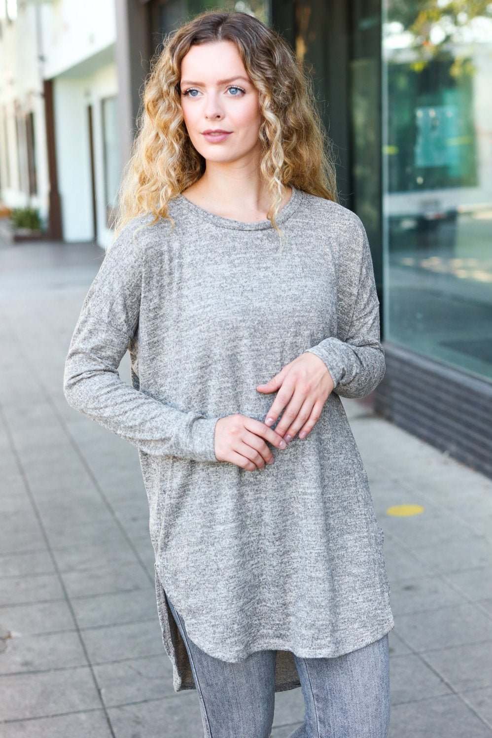 Casual Living Grey Two-Tone Tunic Side Slit Pullover | Nikki &amp; Co. Boutique