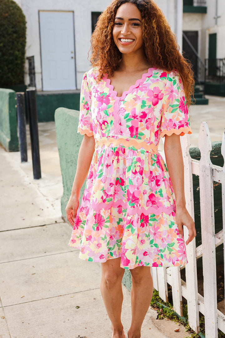 Beautiful You Rose Floral Print Ric Rack Trim Babydoll Dress | Nikki &amp; Co. Boutique