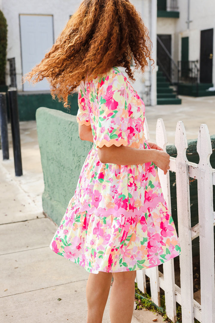 Beautiful You Rose Floral Print Ric Rack Trim Babydoll Dress | Nikki &amp; Co. Boutique