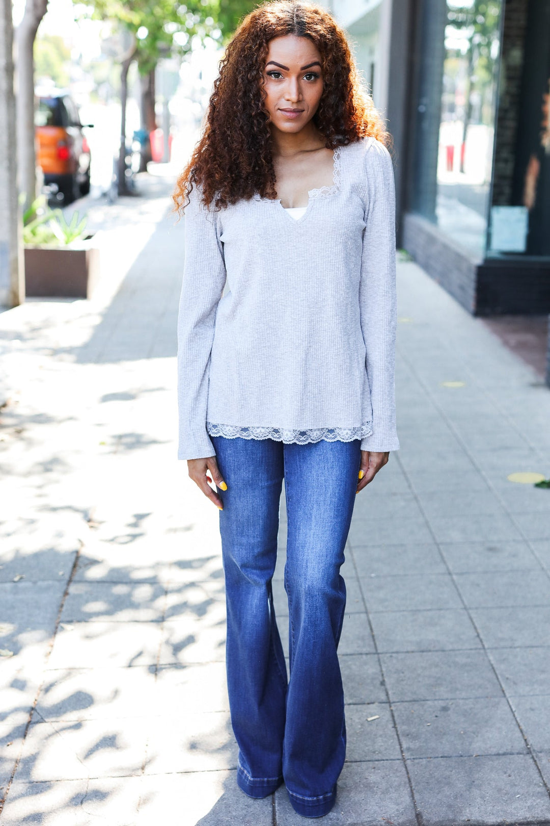 Feels Like Love Grey Lace Trim Rib Long Sleeve Top | Nikki &amp; Co. Boutique