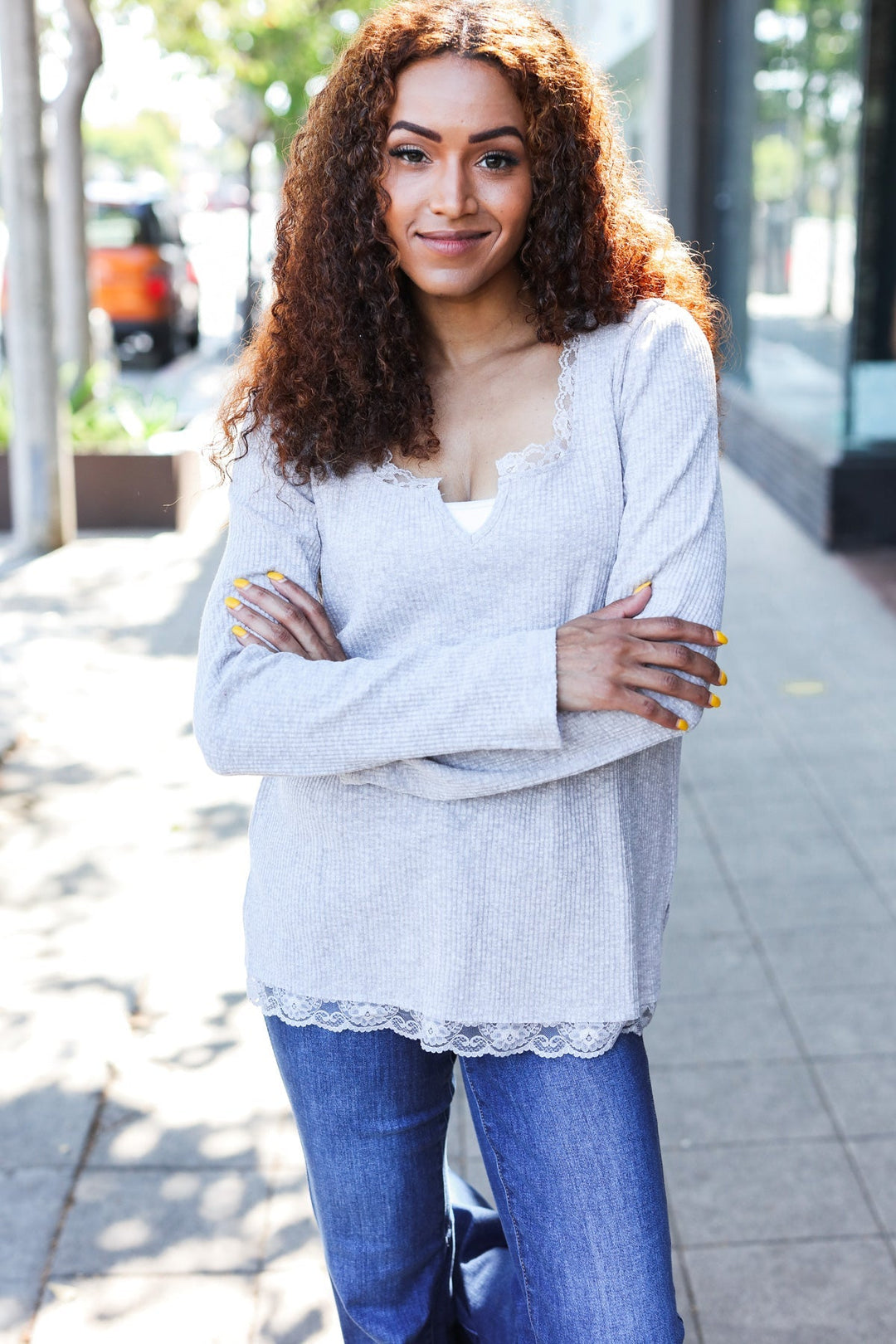 Feels Like Love Grey Lace Trim Rib Long Sleeve Top | Nikki &amp; Co. Boutique
