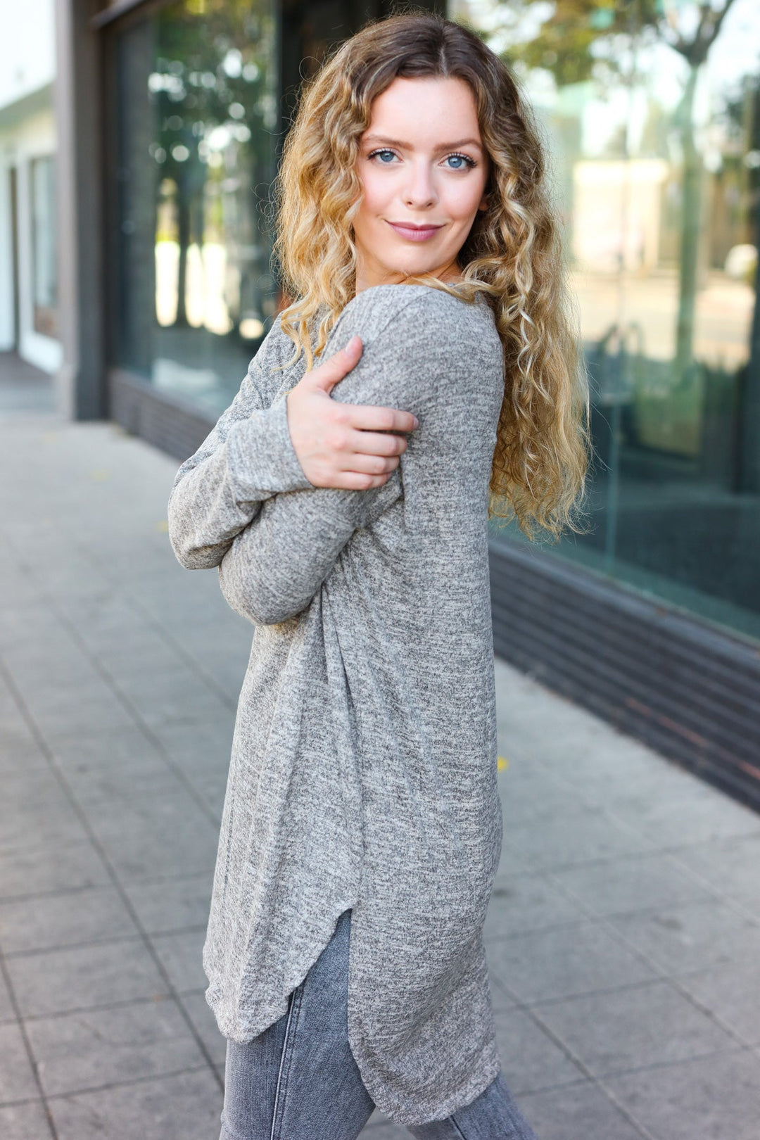 Casual Living Grey Two-Tone Tunic Side Slit Pullover | Nikki &amp; Co. Boutique