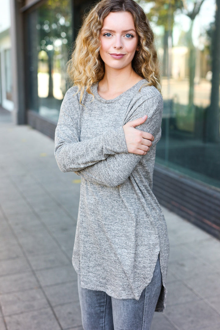 Casual Living Grey Two-Tone Tunic Side Slit Pullover | Nikki &amp; Co. Boutique