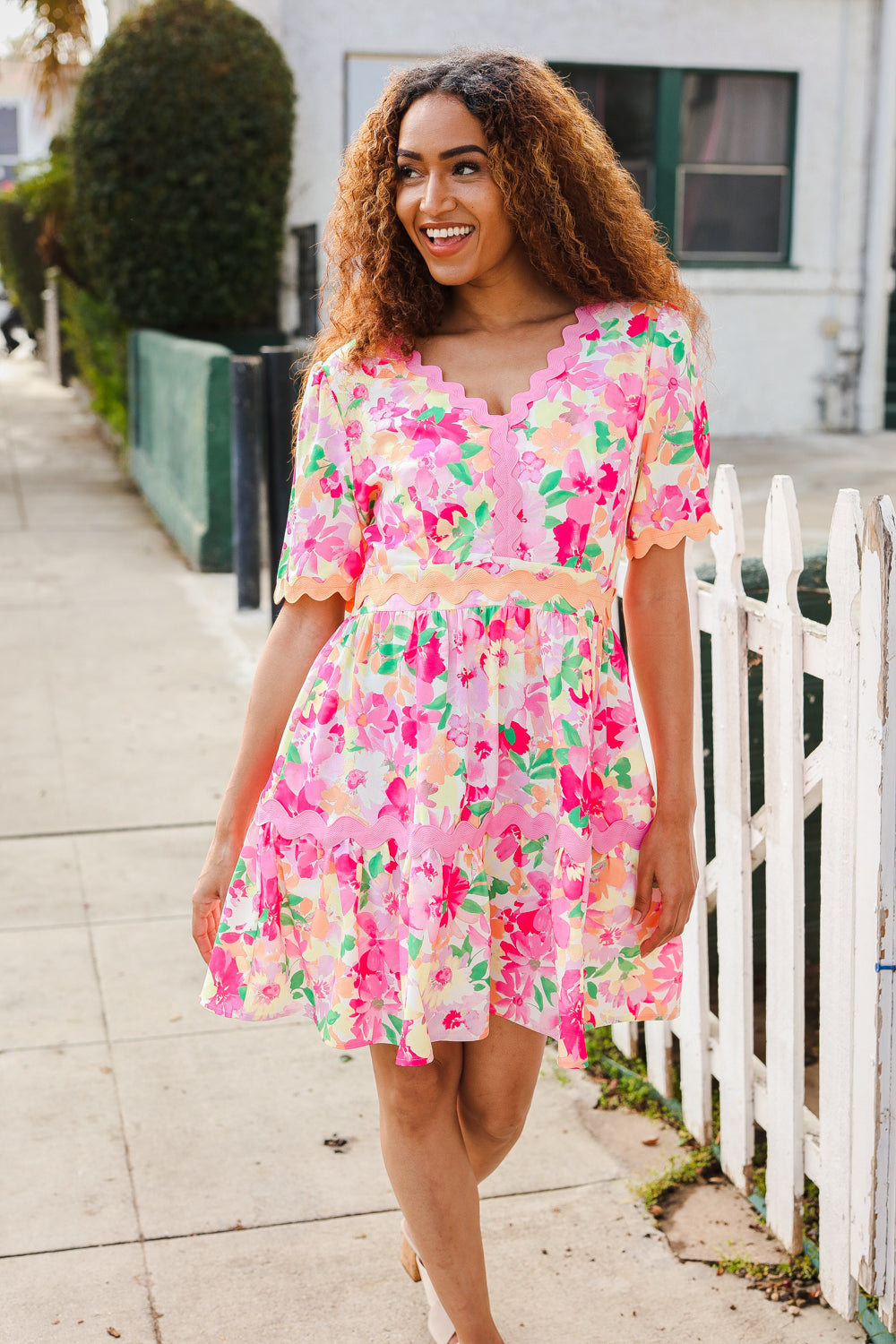 Beautiful You Rose Floral Print Ric Rack Trim Babydoll Dress | Nikki &amp; Co. Boutique