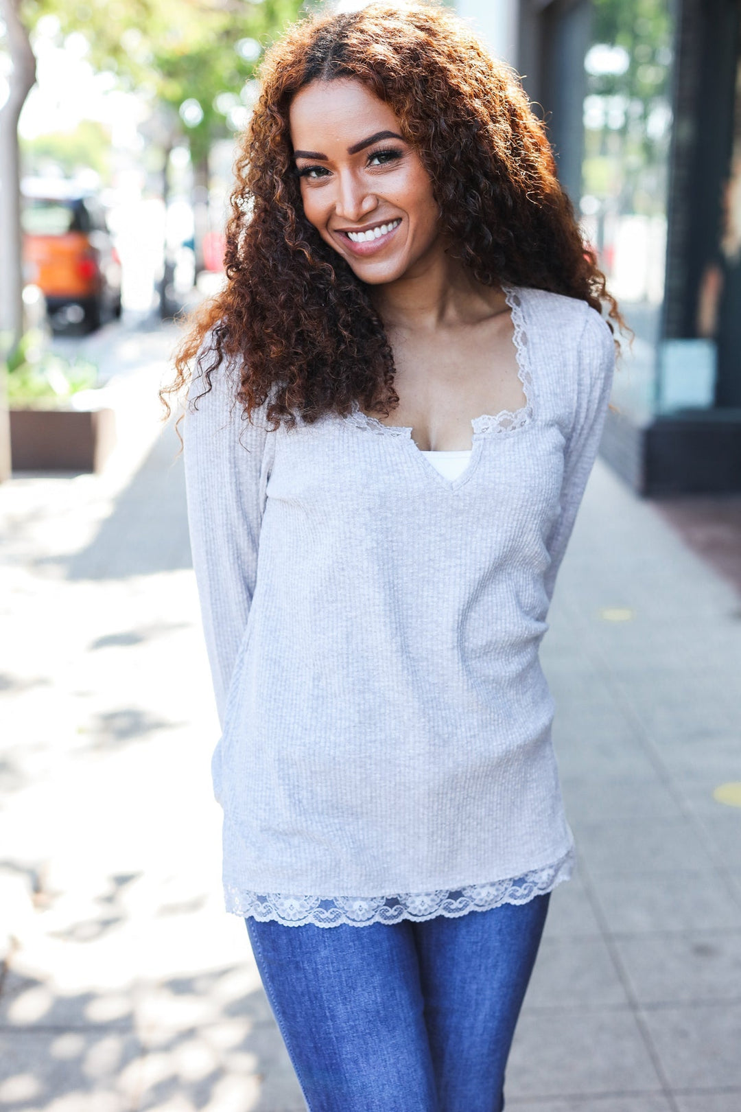 Feels Like Love Grey Lace Trim Rib Long Sleeve Top | Nikki & Co. Boutique