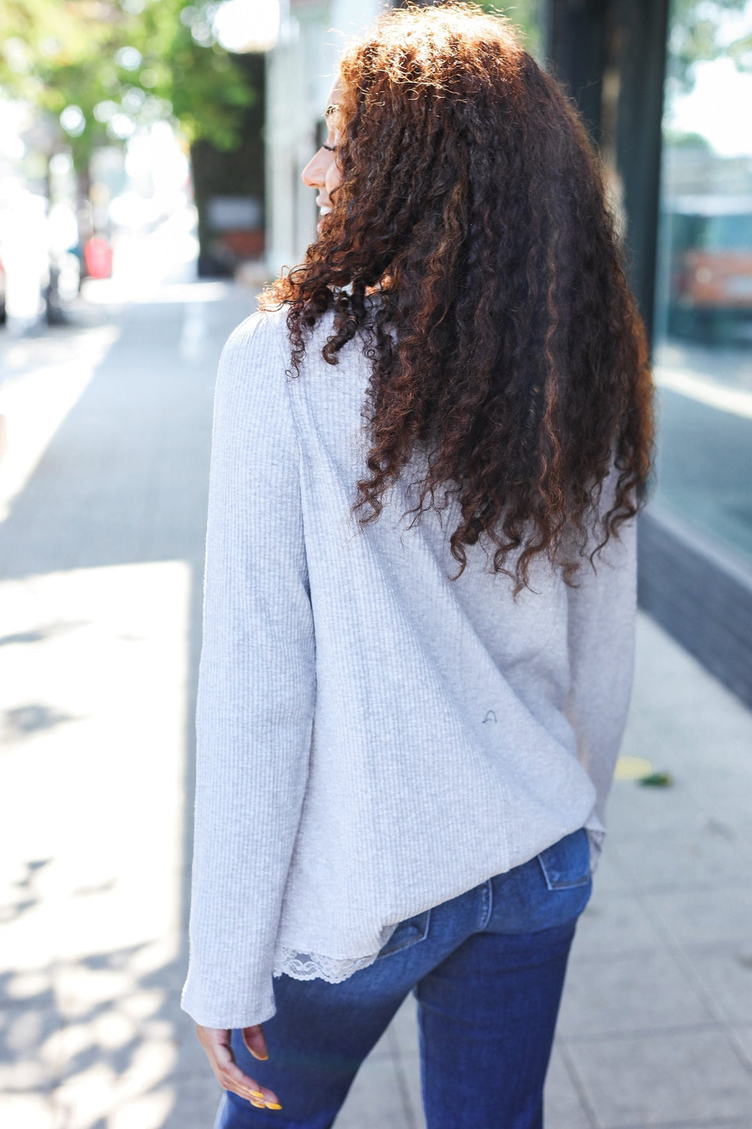Feels Like Love Grey Lace Trim Rib Long Sleeve Top | Nikki &amp; Co. Boutique