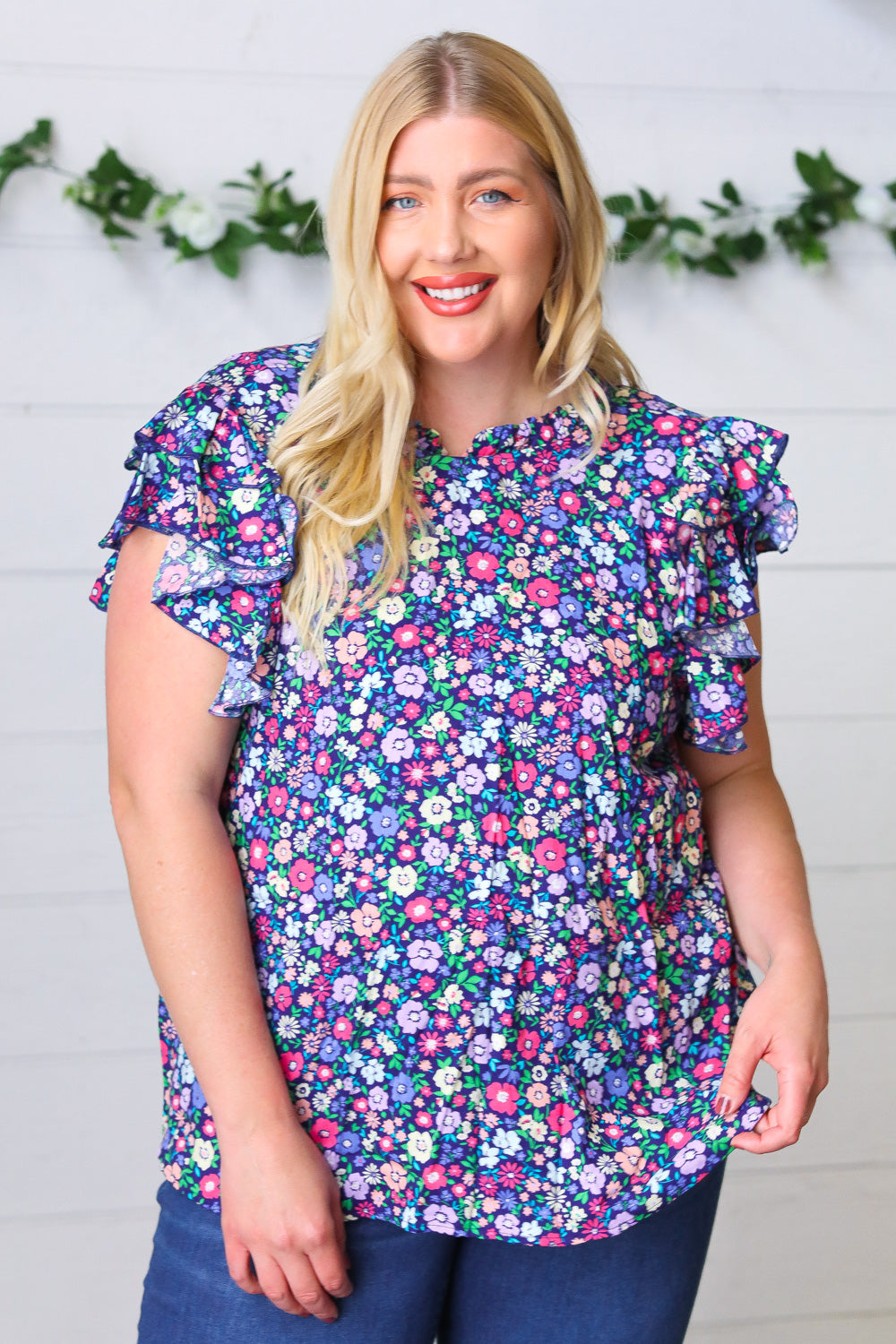 Navy Floral Mock Neck Flutter Sleeve Tops | Nikki &amp; Co. Boutique