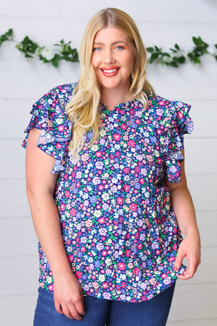 Navy Floral Mock Neck Flutter Sleeve Tops | Nikki &amp; Co. Boutique