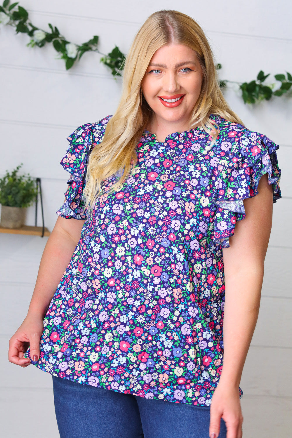 Navy Floral Mock Neck Flutter Sleeve Top