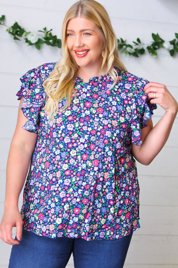 Navy Floral Mock Neck Flutter Sleeve Tops | Nikki &amp; Co. Boutique