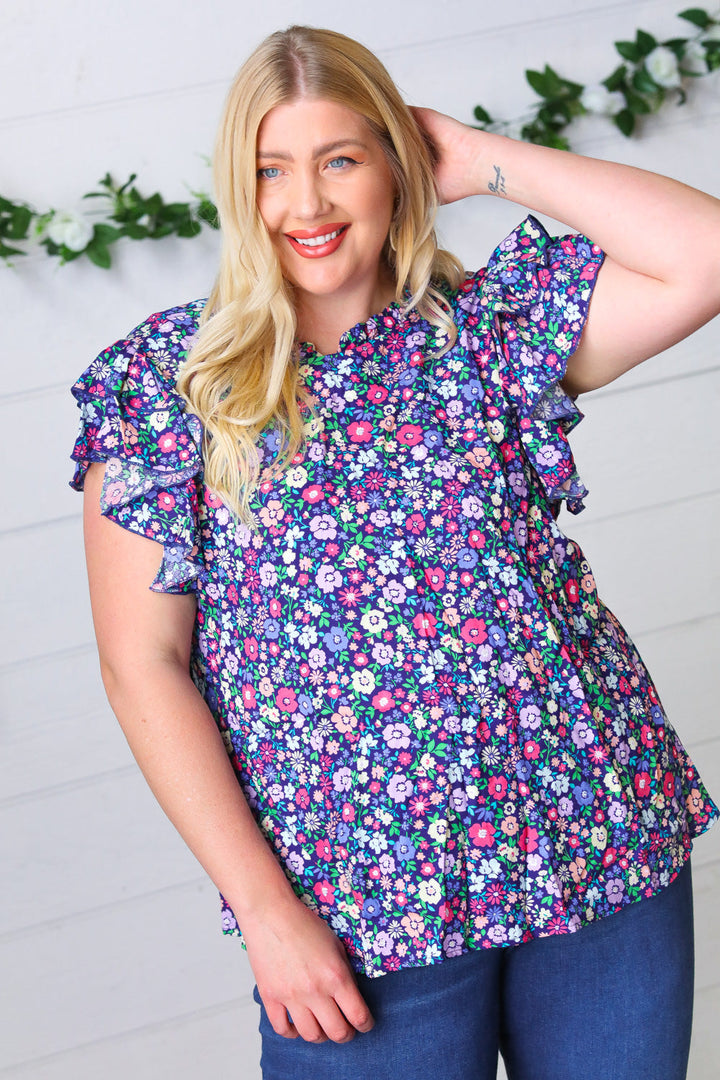 Navy Floral Mock Neck Flutter Sleeve Tops | Nikki &amp; Co. Boutique