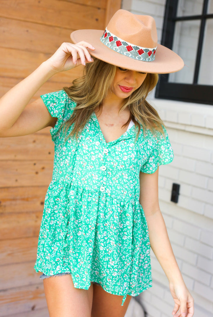 Green Floral Button Tie Neck Babydoll Tops | Nikki &amp; Co. Boutique