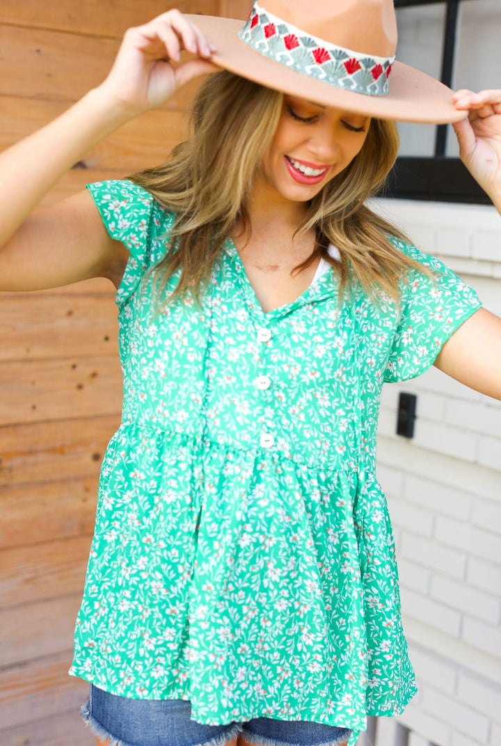 Green Floral Button Tie Neck Babydoll Tops | Nikki &amp; Co. Boutique