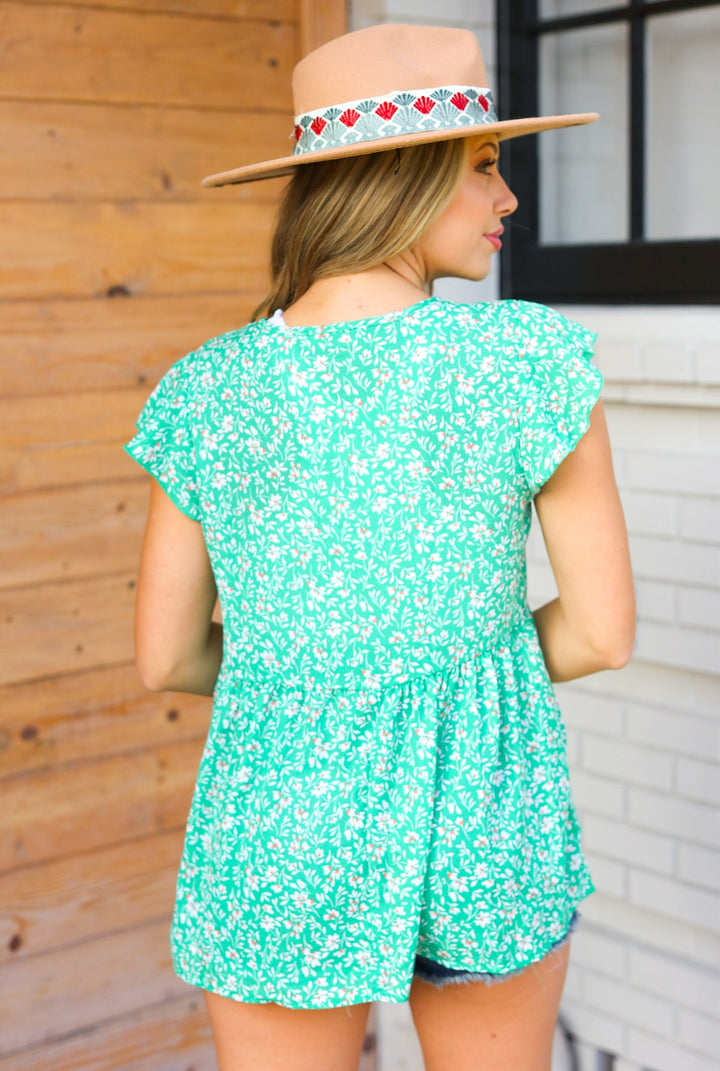 Green Floral Button Tie Neck Babydoll Tops | Nikki &amp; Co. Boutique