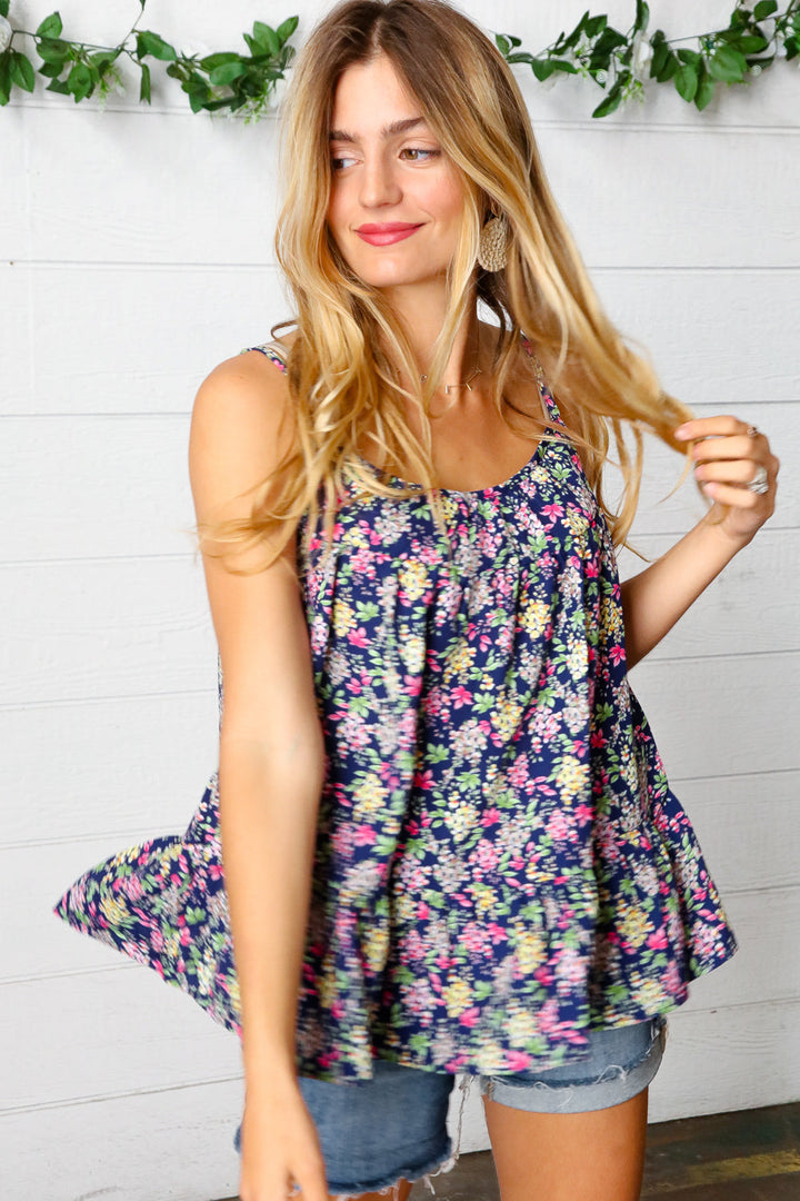 Navy Floral Ruffle Hem Sleeveless Top | Nikki &amp; Co. Boutique