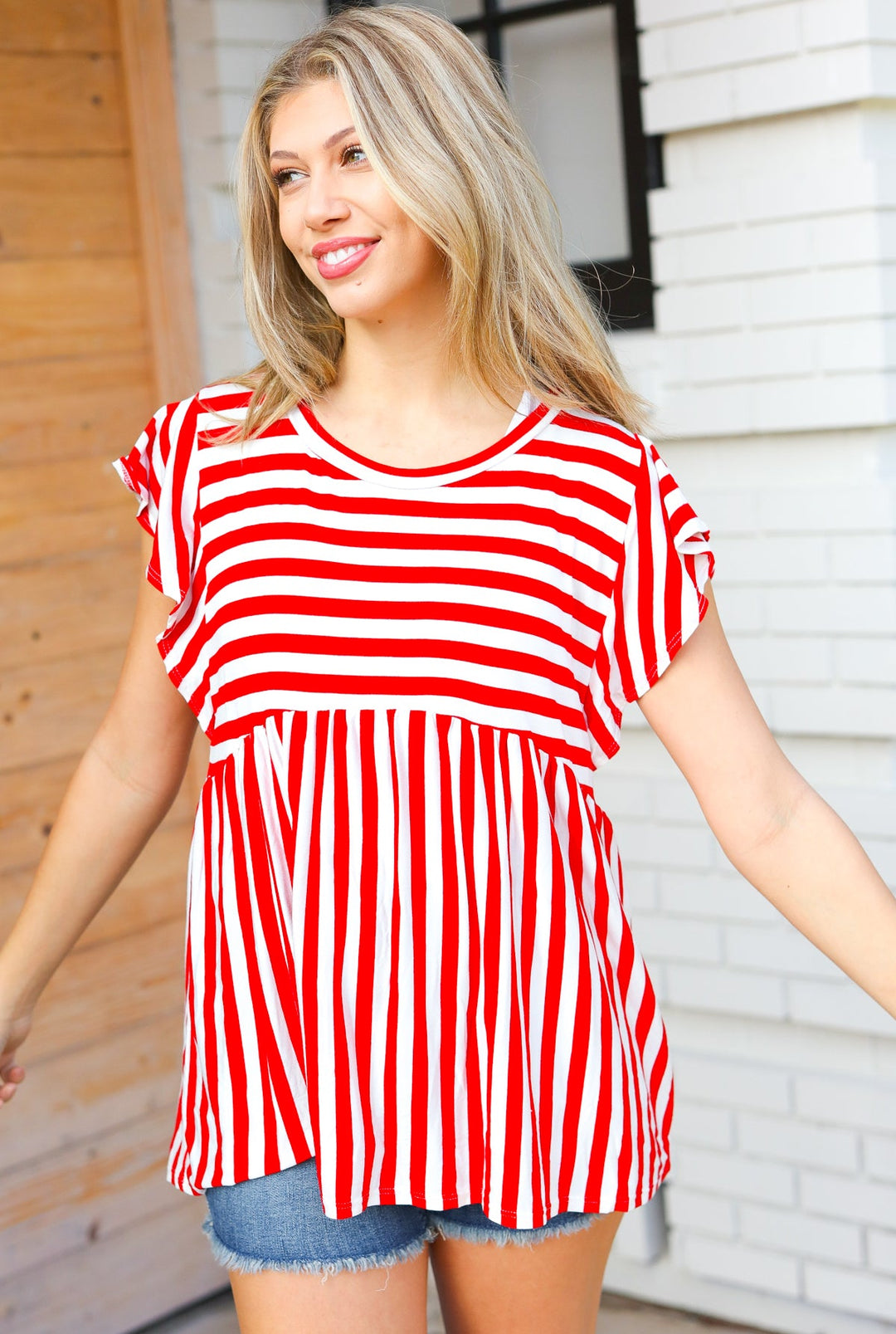 Red Stripe Babydoll Flutter Sleeve Tops | Nikki &amp; Co. Boutique