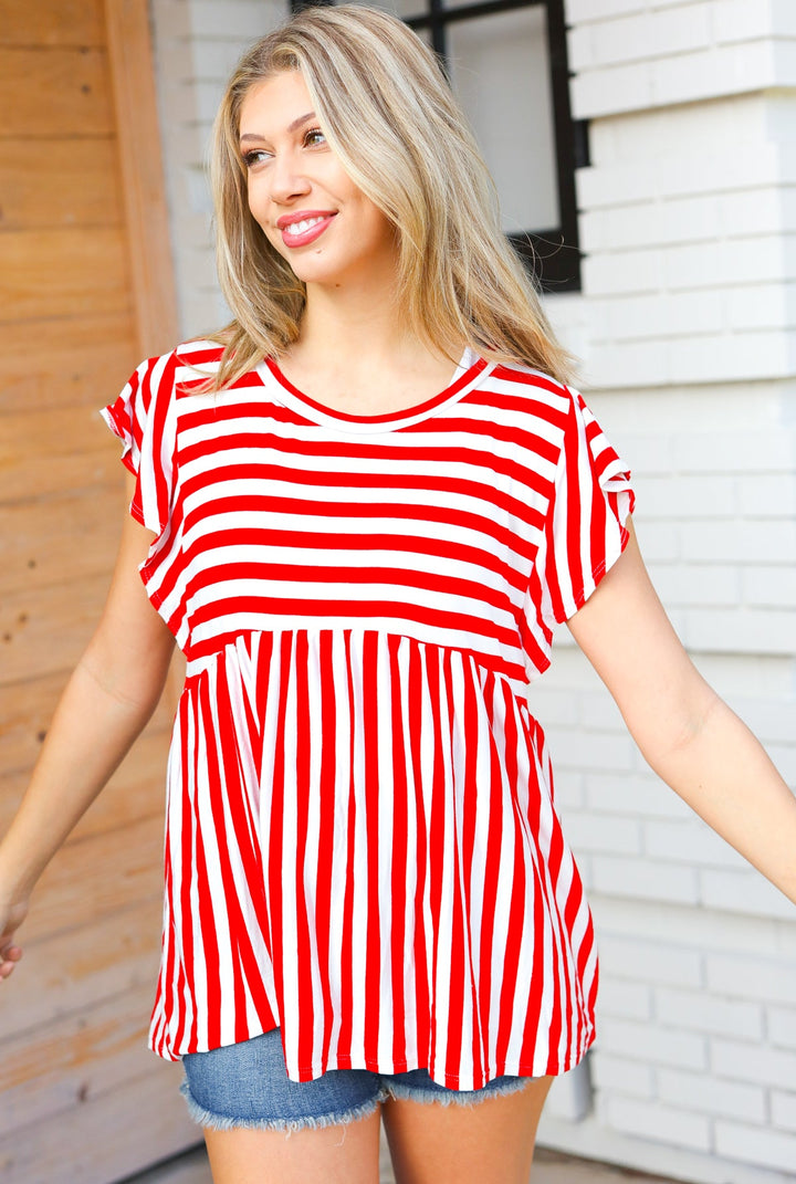 Red Stripe Babydoll Flutter Sleeve Tops | Nikki &amp; Co. Boutique
