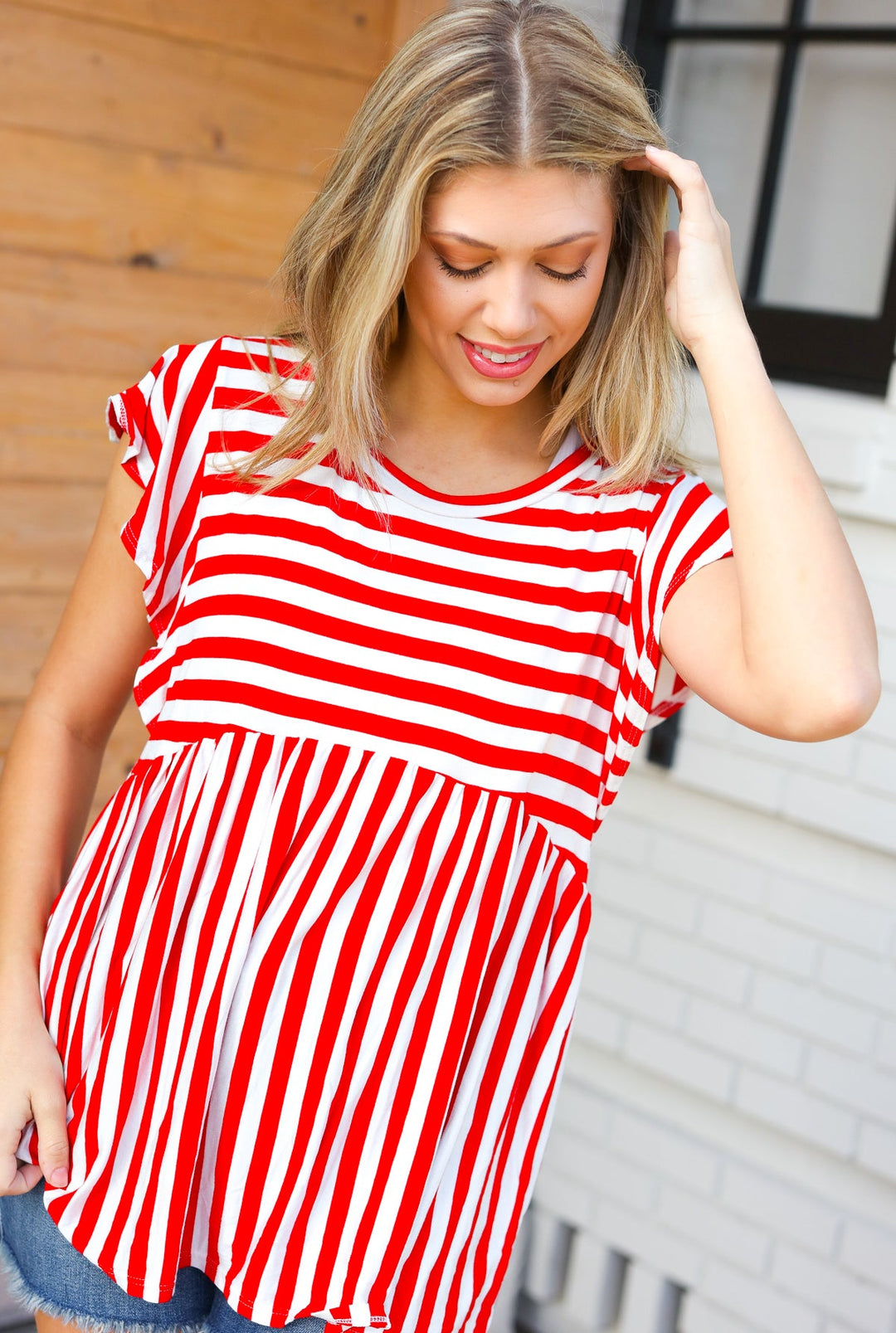 Red Stripe Babydoll Flutter Sleeve Tops | Nikki &amp; Co. Boutique