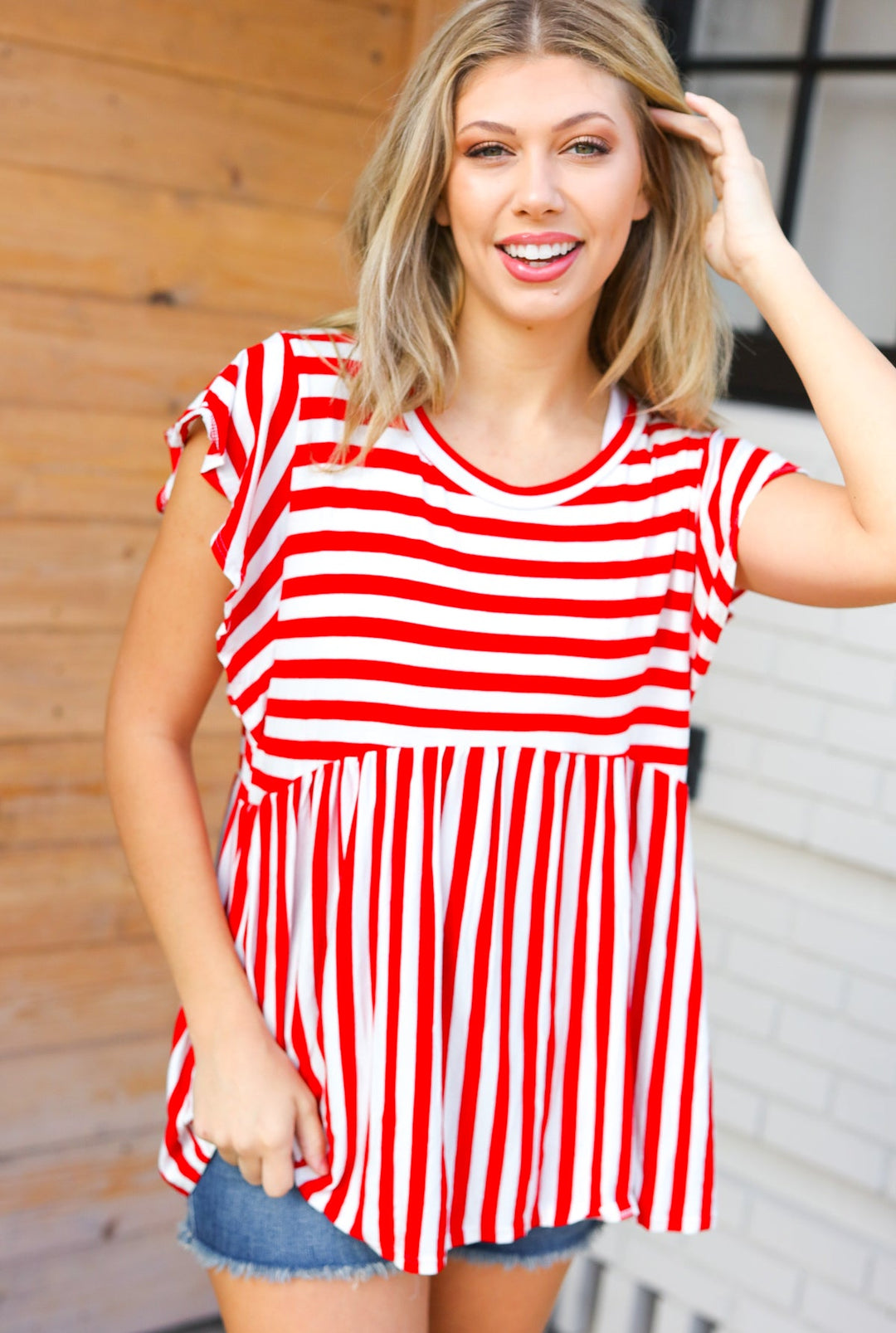 Red Stripe Babydoll Flutter Sleeve Tops | Nikki &amp; Co. Boutique