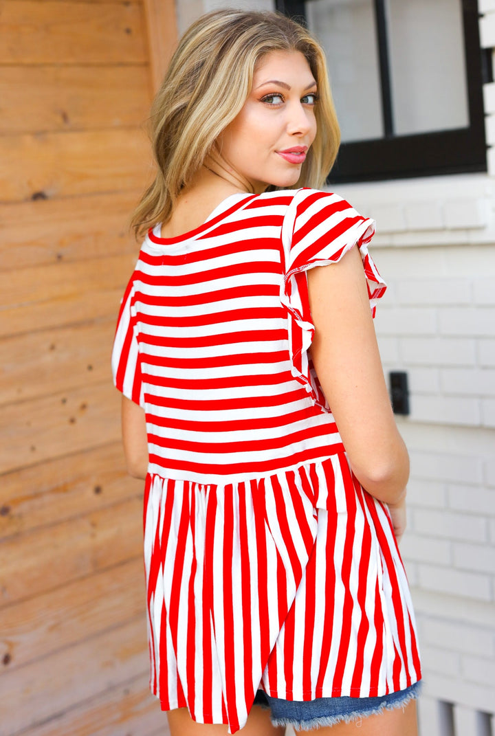 Red Stripe Babydoll Flutter Sleeve Tops | Nikki &amp; Co. Boutique
