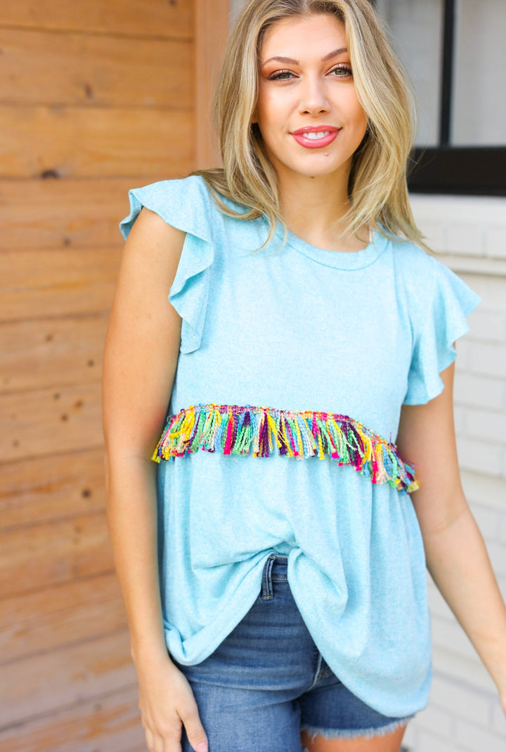 Sky Blue Two Tone Babydoll Fringe Tassel Tops | Nikki &amp; Co. Boutique