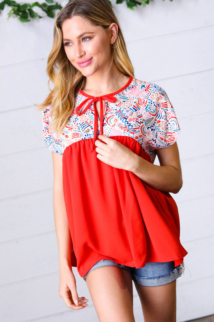 Red Boho Print Tie Neck Dolman Tops | Nikki &amp; Co. Boutique