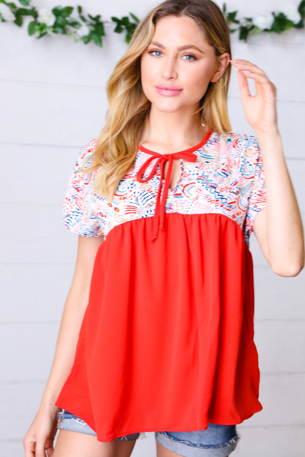 Red Boho Print Tie Neck Dolman Tops | Nikki &amp; Co. Boutique